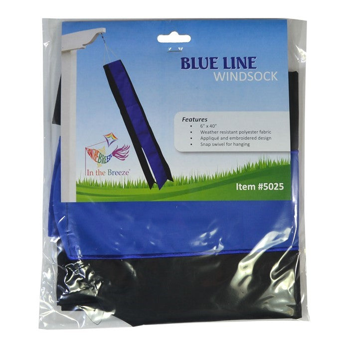 Thin Blue Line 40-inch windsock featuring a blue center line and black outer lines, elegantly flowing outdoors and symbolizing law enforcement support.