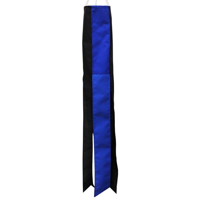 Thin Blue Line 40-inch windsock featuring a blue center line and black outer lines, elegantly flowing outdoors and symbolizing law enforcement support.