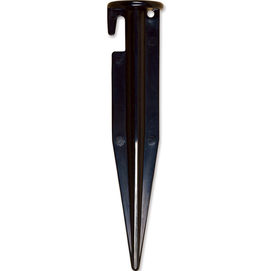 3/8 in. (9.5mm) ground stake shown driven into soil, demonstrating its stability and strength for outdoor use.