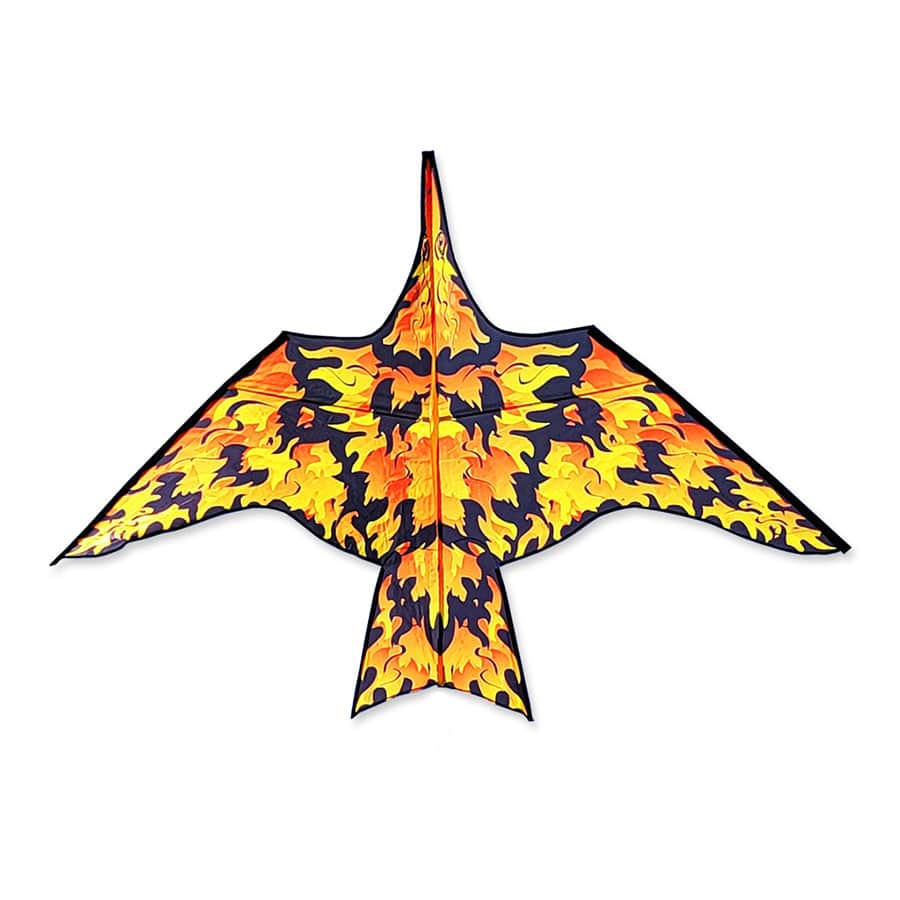 11.5 foot Thunderbird delta kite with fiery phoenix design, vivid flame colors, stable high wind flight, and line included for expert-level flying fun.