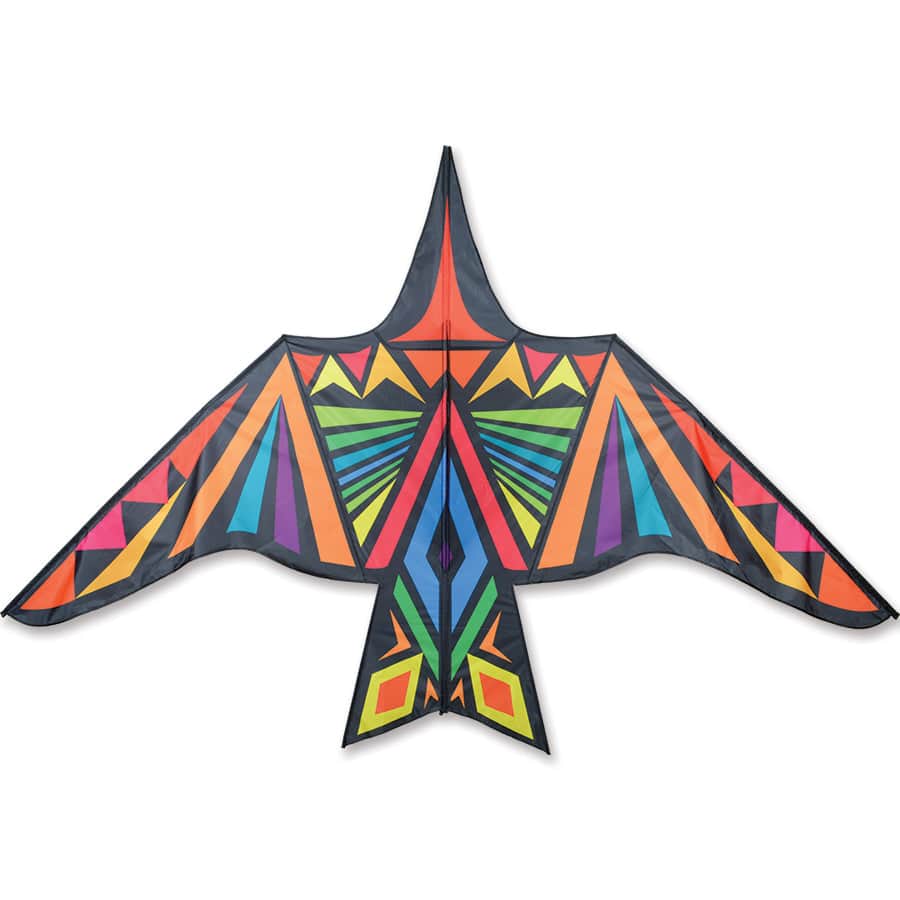11.5 foot Thunderbird kite with bold rainbow geometric graphics, strong flight performance, and included line and handle for expert outdoor flying.
