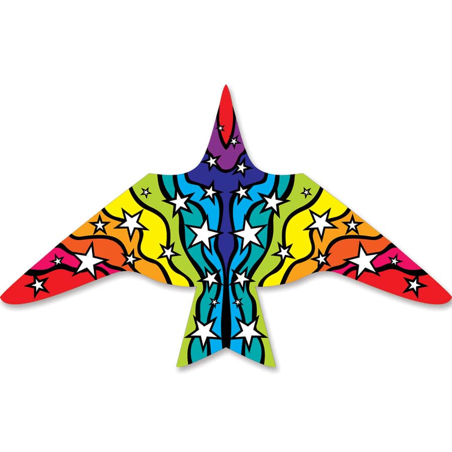 11.5 foot Thunderbird delta kite with rainbow star graphics, soaring performance, stable structure, and vivid colors. Line and handle included.