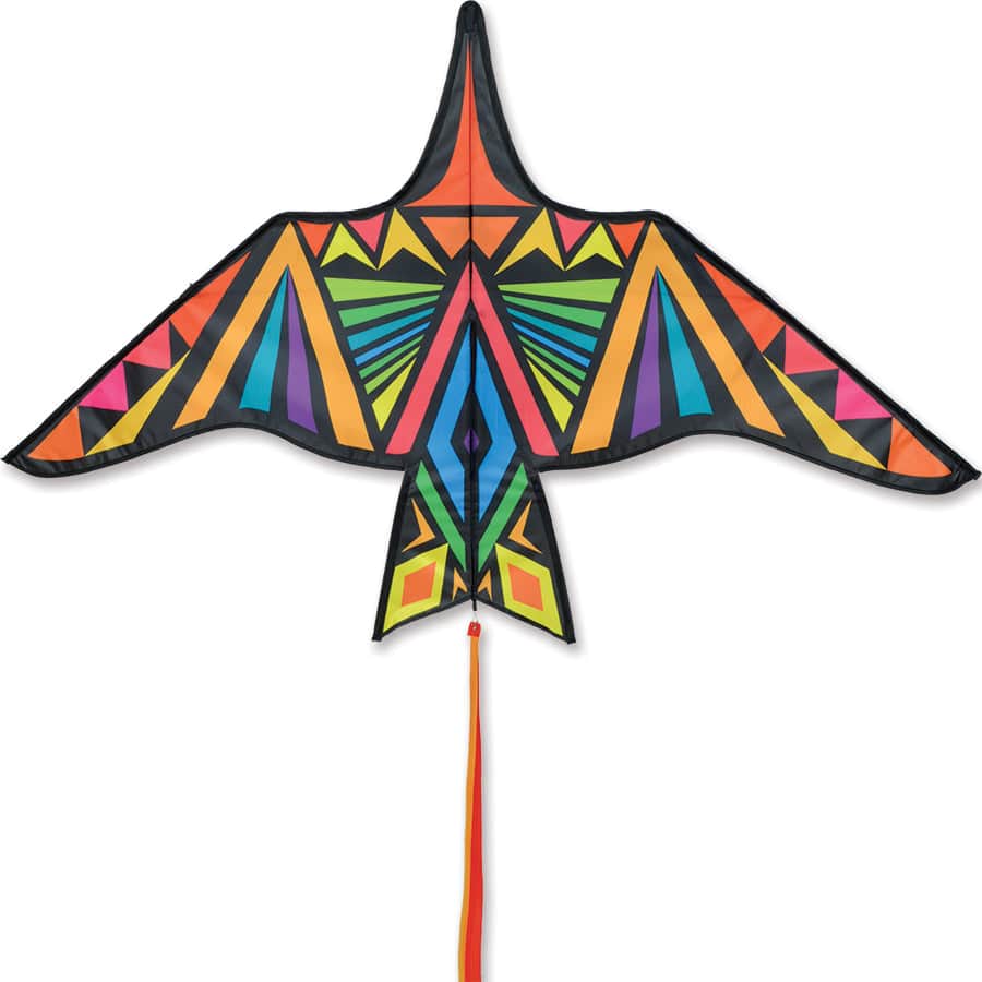 60 inch Thunderbird kite with bold rainbow geometric graphics, stable and easy to fly, perfect for beginners and families. Line and handle included.