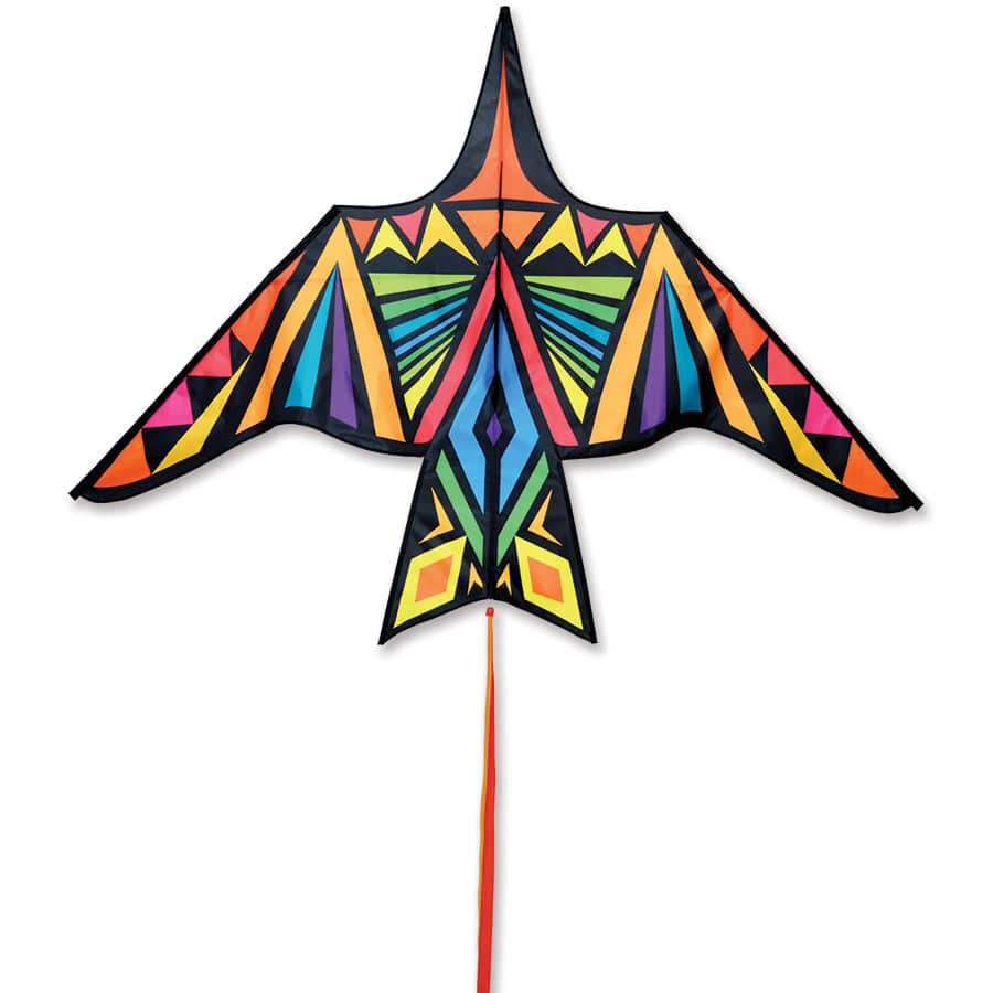 90 inch Thunderbird delta kite with bold rainbow geometric design, stable flight in varied winds, includes line and handle for easy flying fun.