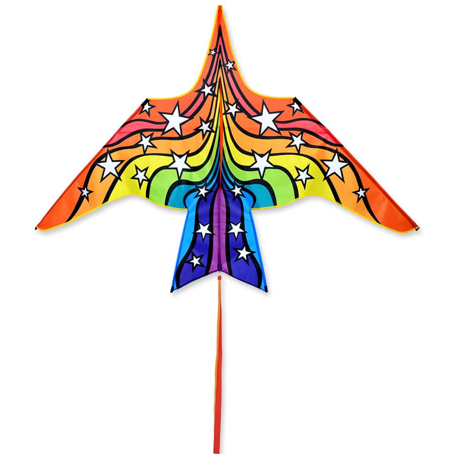 90 inch Thunderbird delta kite with rainbow star design, easy to fly, colorful and stable, includes line and handle for fun outdoor flying sessions.