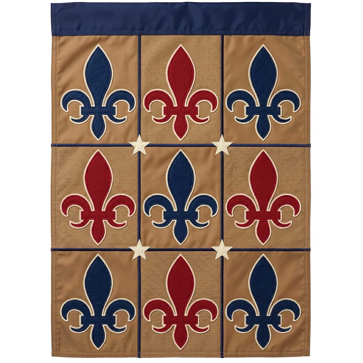 Tic Tac Toe Fleur Dis Lis double-sided garden flag displayed in an outdoor garden setting, featuring intricate fabric appliques and embroidery.