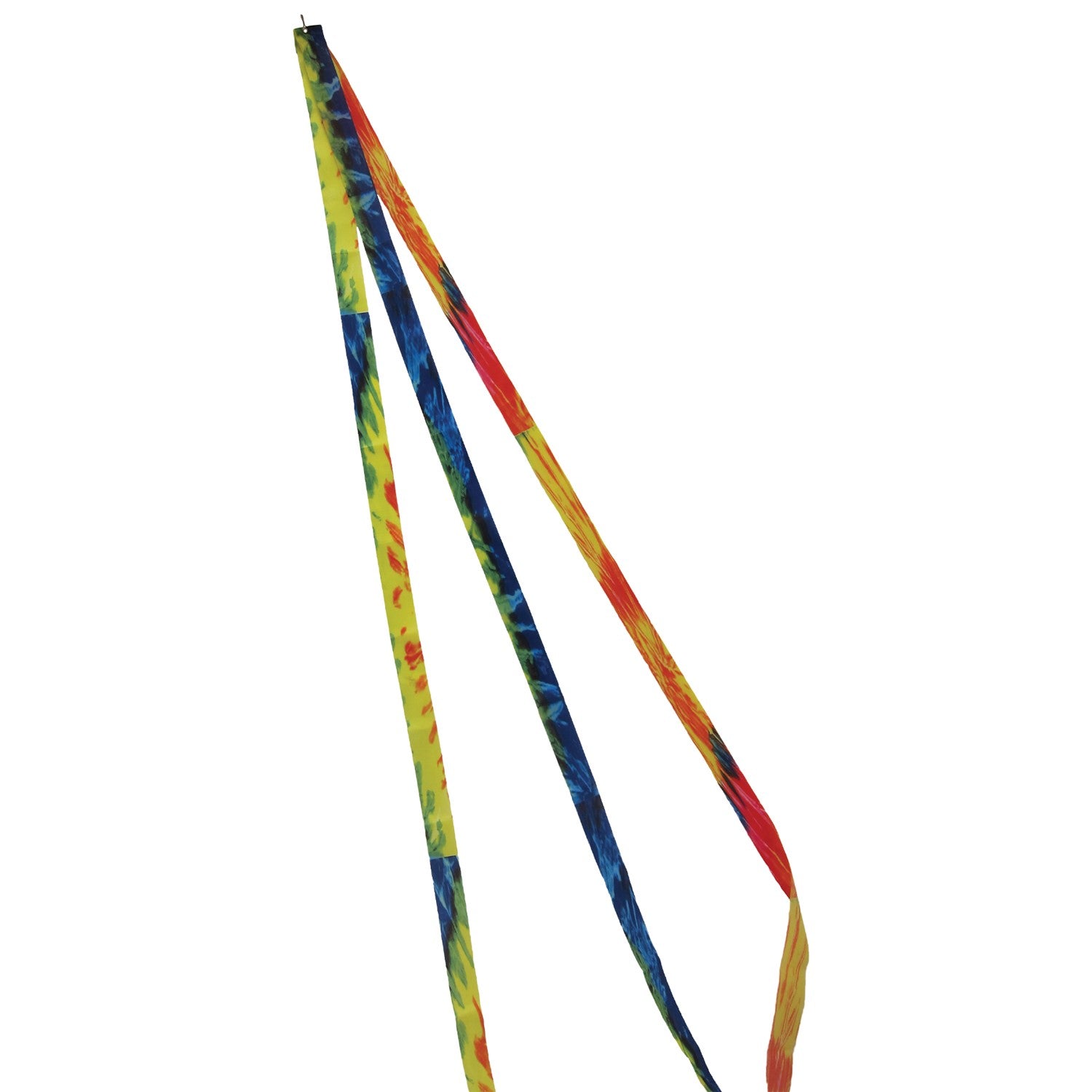Set of three colorful 15' Tie Dye tails displayed in the wind, attached to a kite during an outdoor kite flying event.