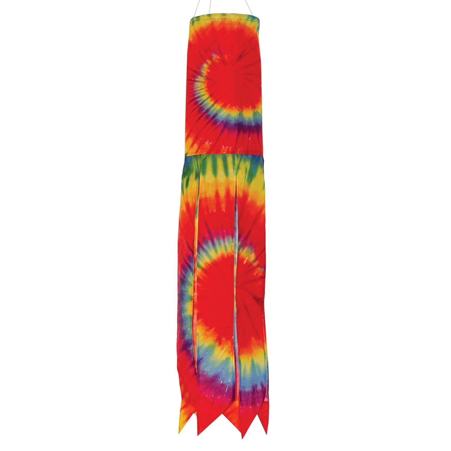 Tie Dye 30\" Windsock featuring a colorful spiral design with six flowing tails, elegantly hanging outdoors in a vibrant setting.