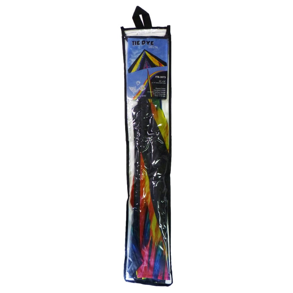 Tie Dye 46" Delta Kite soaring against a blue sky, featuring colorful streamer tails and tie-dye pattern, ideal for outdoor fun.