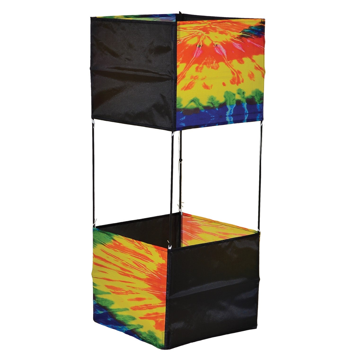 Tie Dye Box Kite flying high against a blue sky, showcasing its vibrant tie-dye design and sturdy fiberglass structure.