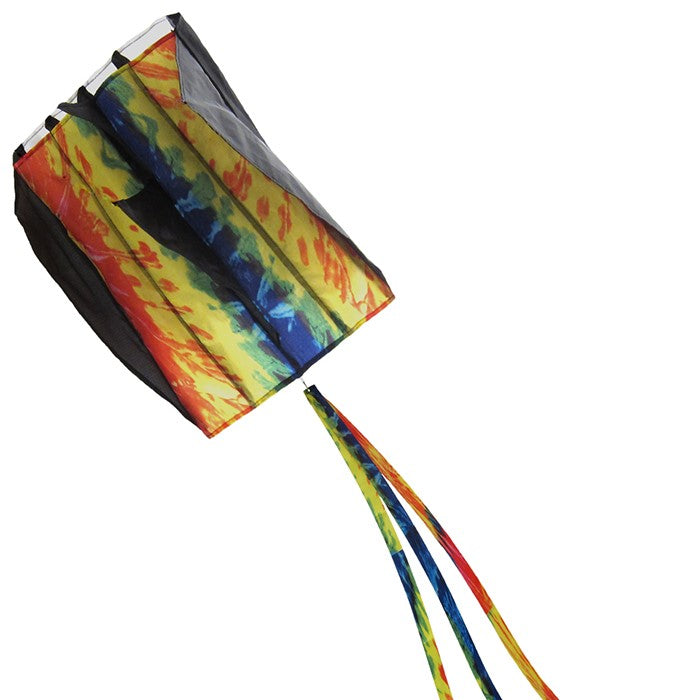 Tie Dye Pouch Parafoil Kite soaring in the blue sky, featuring a colorful design and three coordinating kite tails.