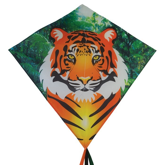 Tiger 30 inch diamond kite with vibrant tiger graphic and color-coordinated tails flying against a blue sky.