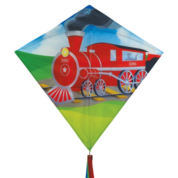 Train 30" Diamond Kite soaring in the sky with steam engine design and colorful tails, delighting children during an outdoor adventure.
