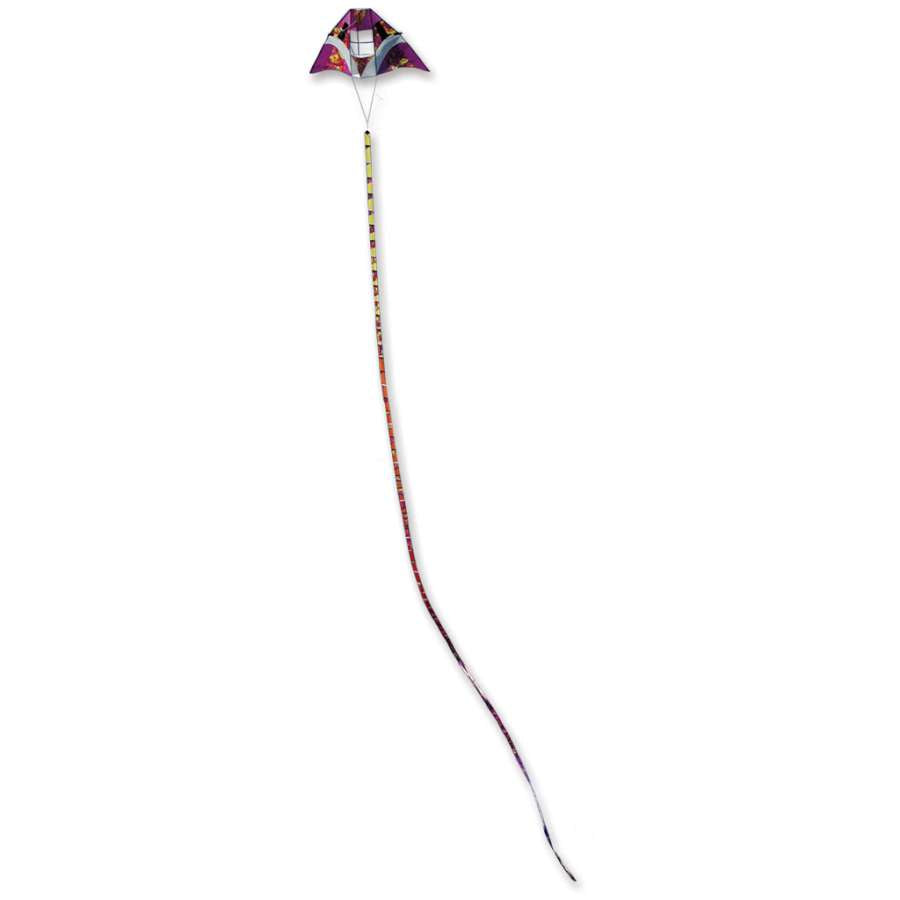 5 in. x 100 ft. Warm Orbit Transition Tail for kites, featuring vibrant colors flowing in the wind, showcasing dynamic tail movement against a clear sky.