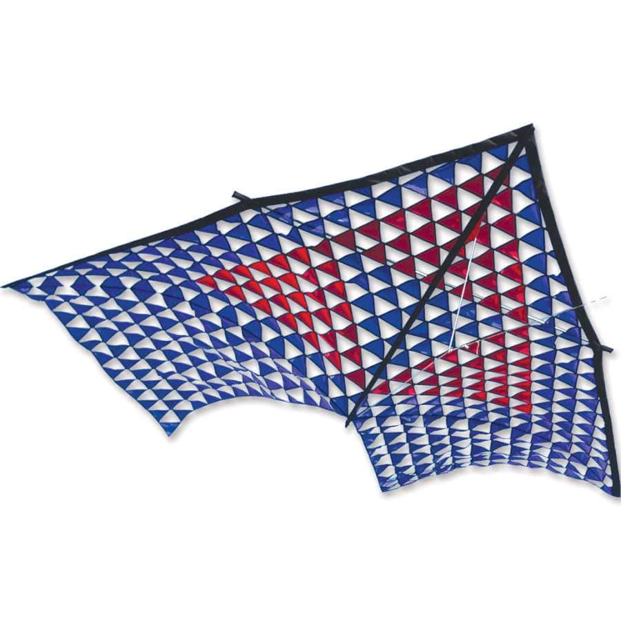 Triangular mesh delta kite with carbon and fiberglass frame, red white and blue pattern, and 120-inch wingspan for stable flight and light wind performance.