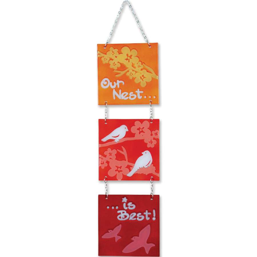 Tri-Panel Glass Expression displaying the phrase 'Our Nest Is Best' in vibrant colors, perfect for brightening indoor or outdoor spaces.