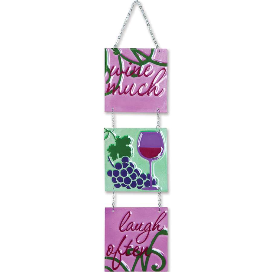 Tri-Panel Glass Expression - Wine Much featuring colorful panels displaying a cheerful wine theme, beautifully hanging in a sunlit window.