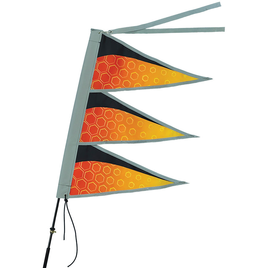 Tri-Stack Bike Flag measuring 13.5 x 18 inches attached to a six-foot pole on a bicycle, featuring bright reflective elements for increased visibility.