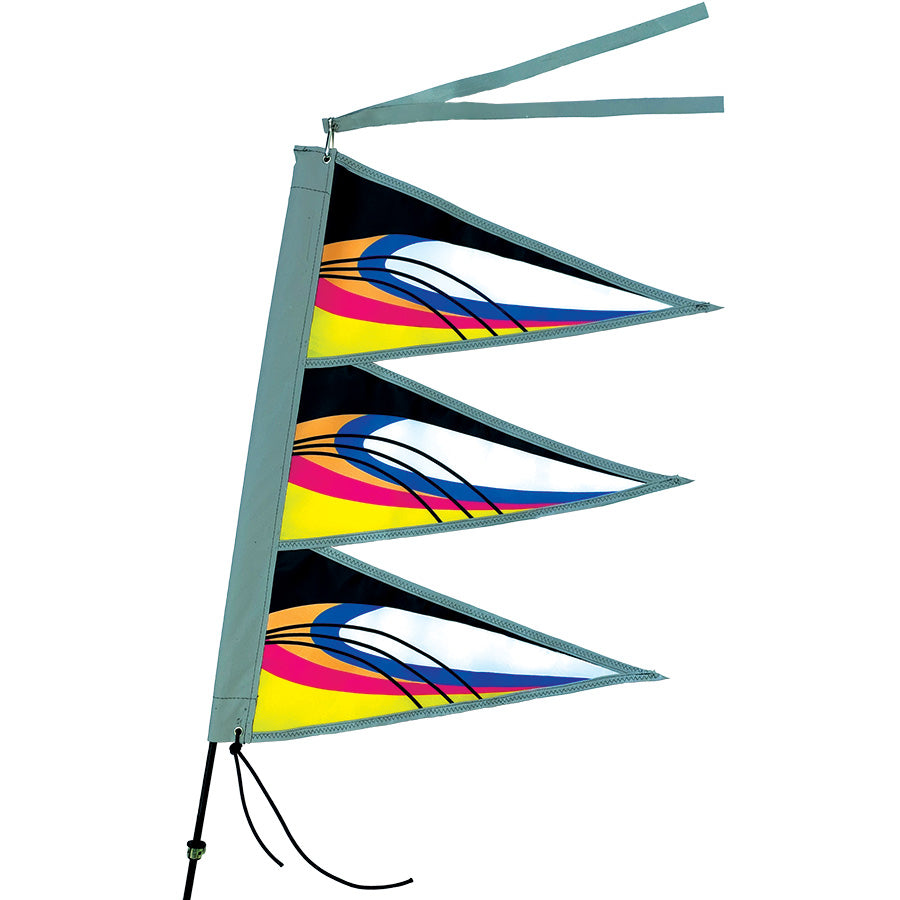 Tri-Stack Bike Flag in neon colors twirling on a pole, showcasing high visibility features and vibrant design against a sunny backdrop.