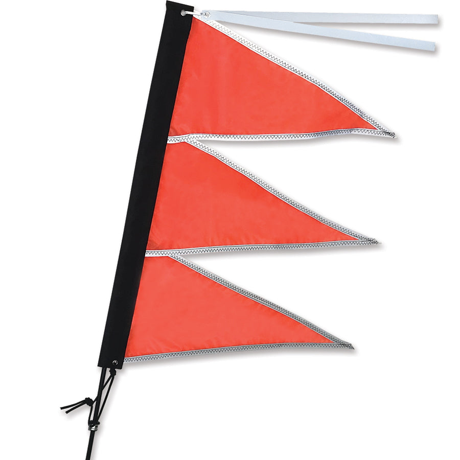 Tri-Stack Bike Flag in Safety Orange, measuring 13.5x18 inches, displayed on a bike pole, highlighting its vibrant colors and reflective design.