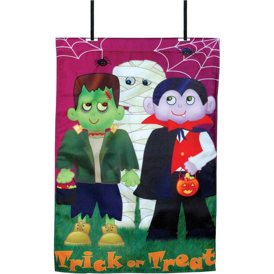 Trick Treat 28-inch interactive flag with light and voice control, displayed cheerfully at a front entrance, enhancing the Halloween celebration.