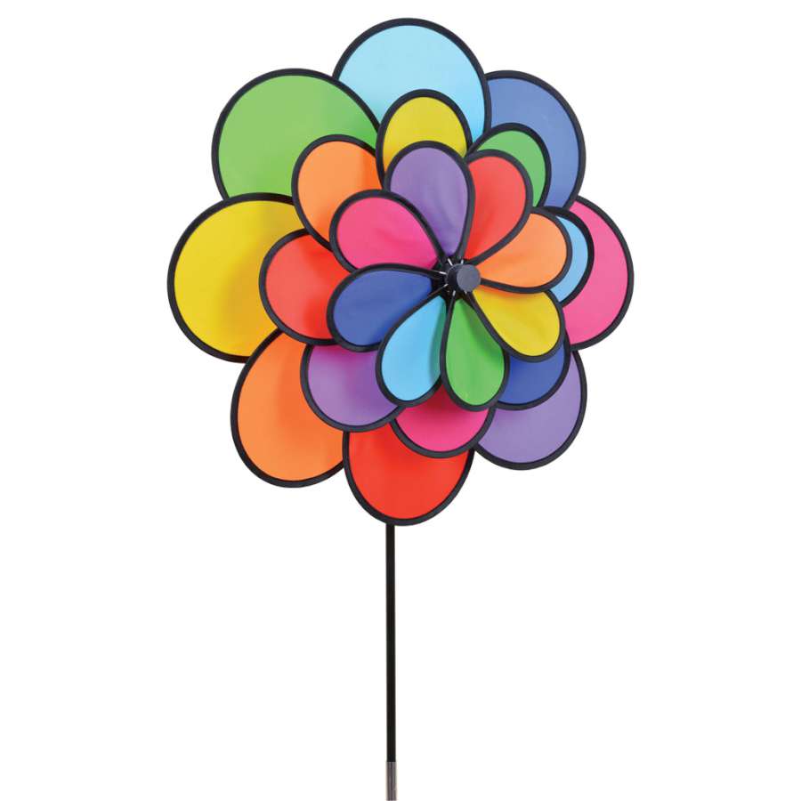 Triple Daisy Windmill Spinner featuring three colorful blades spinning in the wind, ideal for adding charm to outdoor spaces.