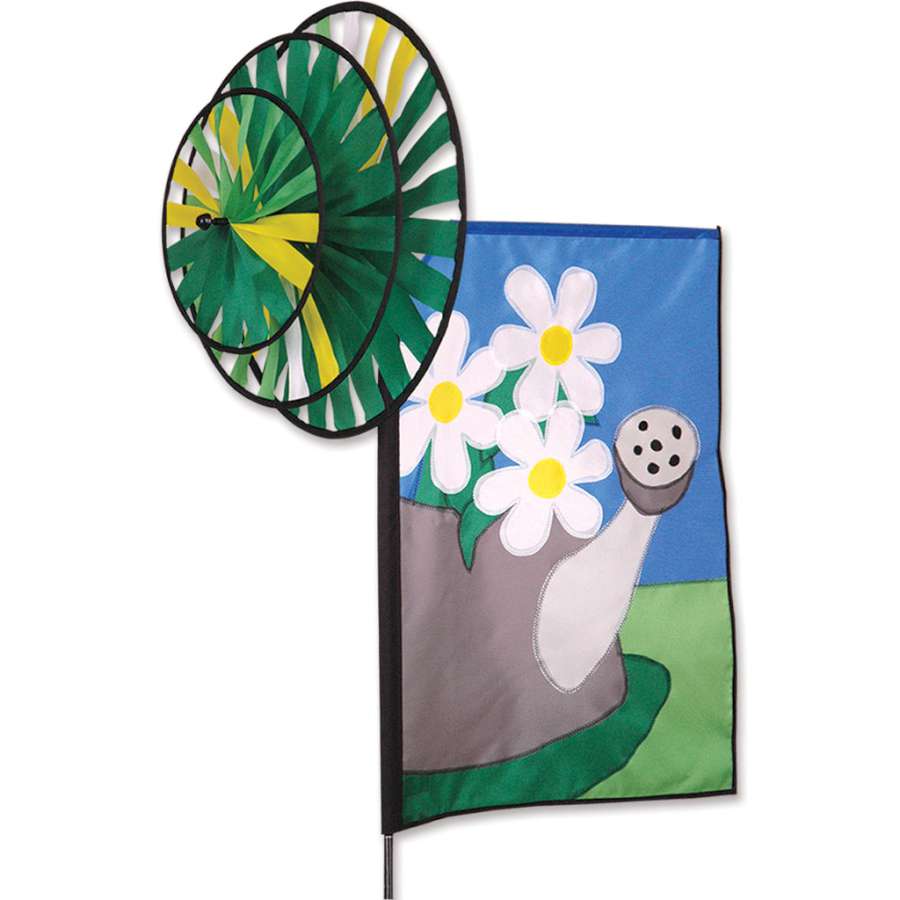 Triple Spin Banner - Summer Daisies featuring three colorful daisy panels twirling gracefully in an outdoor garden setting.