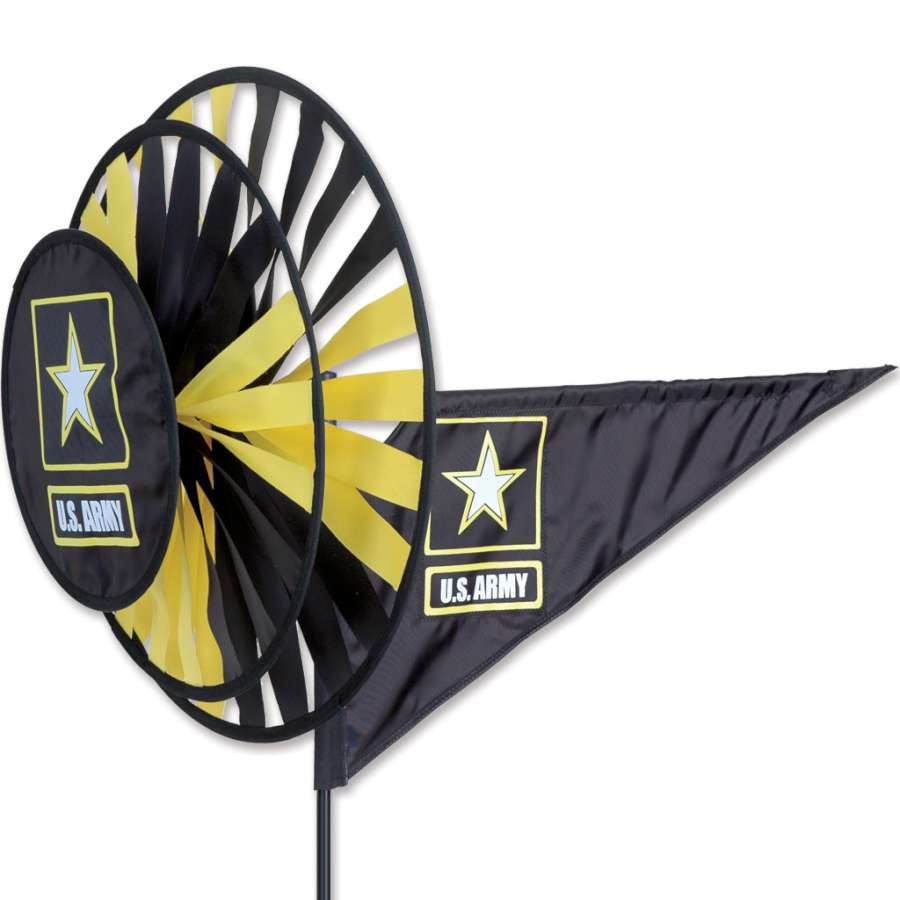 Triple Spinner - Army in vibrant colors rotating in an outdoor garden setting, made with fade-resistant SunTex fabric for durability.