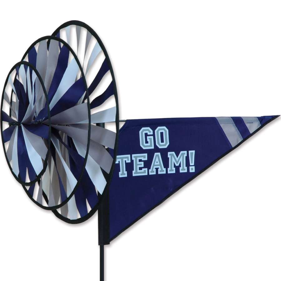 Blue and gray Triple Spinner with team colors on display outdoors, featuring dynamic spinning action and sturdy support poles.