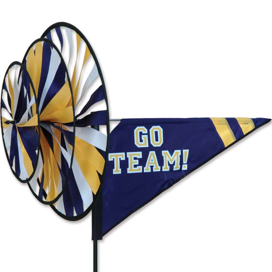 Triple Spinner in Blue/Yellow showcasing bold team colors, spinning in the wind, perfect for outdoor events or sports celebrations.