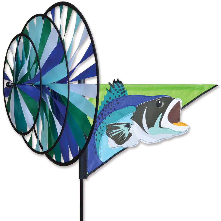 Triple Spinner - Game Fish garden decoration made with SunTexTM fabric, showcasing vivid colors rotating in the breeze in an outdoor garden setting.