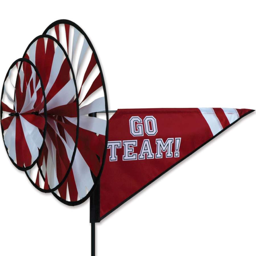 Triple Spinner - Maroon spinning in a garden setting, showcasing vibrant team colors; an excellent outdoor decoration for sports enthusiasts.