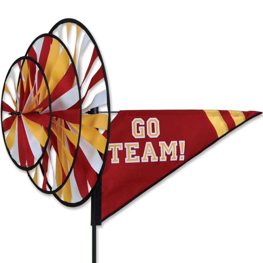 Triple Spinner in Maroon and Yellow displaying team colors, spinning gracefully on a sturdy pole at an outdoor event.
