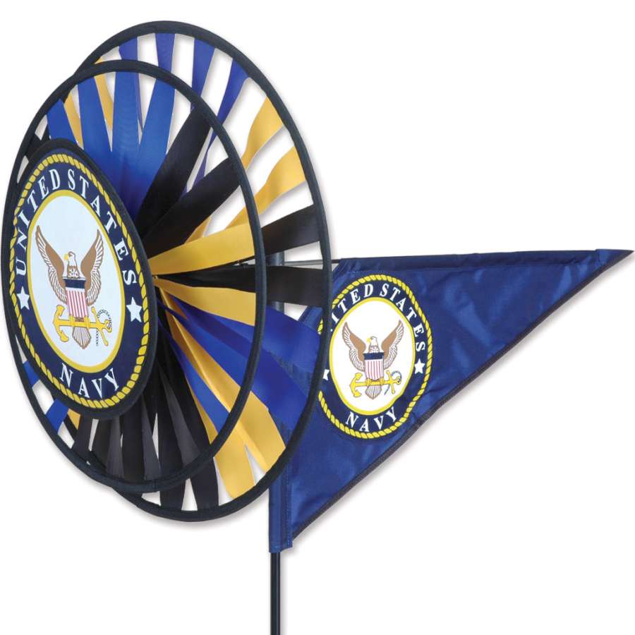 Triple Spinner - Navy featuring SunTex fabric in a vibrant design, elegantly spinning in a garden setting.
