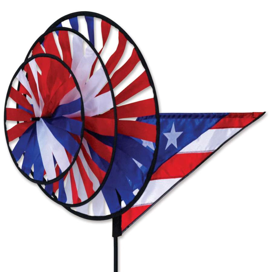 Triple Spinner garden decor featuring patriotic design, made of fade-resistant SunTex(TM) fabric, spinning in a colorful display outdoors.