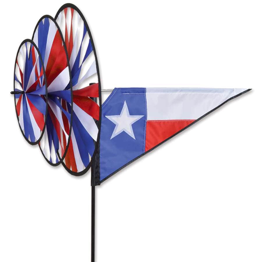 Texas spinner with Lone Star flag applique and three counter-rotating wheels—durable outdoor décor that combines state pride with dazzling motion.