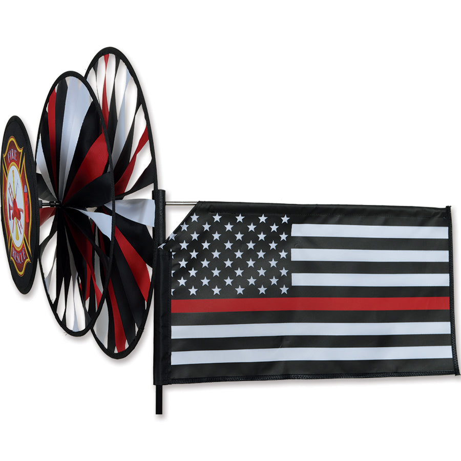 Triple Spinner - Thin Red Line featuring a colorful design twirling in the breeze, made from durable SunTex fabric and fiberglass poles.