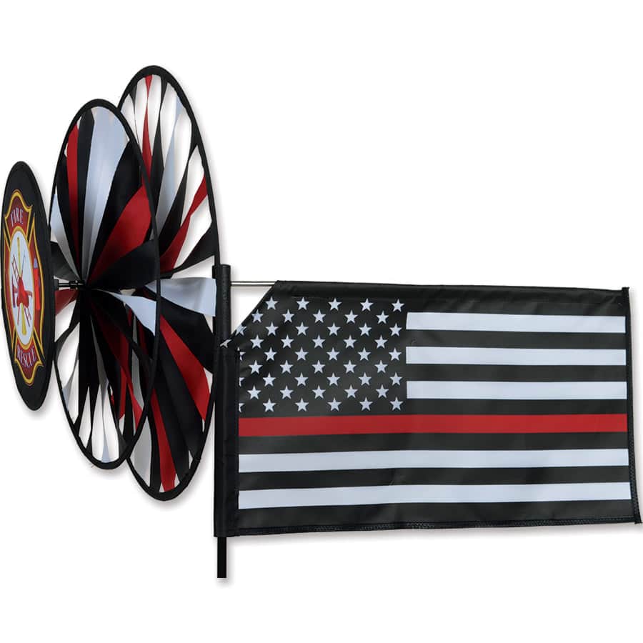 Thin Red Line spinner with stitched applique and three rotating wheels—durable tribute piece for firefighter support and outdoor patriotic décor.