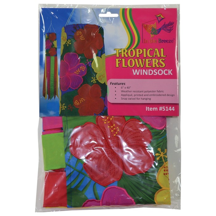 Vibrant Tropical Flowers 40" Windsock featuring hibiscus and leaves in colors that flutter gracefully in the outdoor breeze, enhancing garden decor.