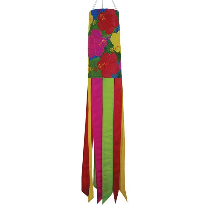 Vibrant Tropical Flowers 40" Windsock featuring hibiscus and leaves in colors that flutter gracefully in the outdoor breeze, enhancing garden decor.