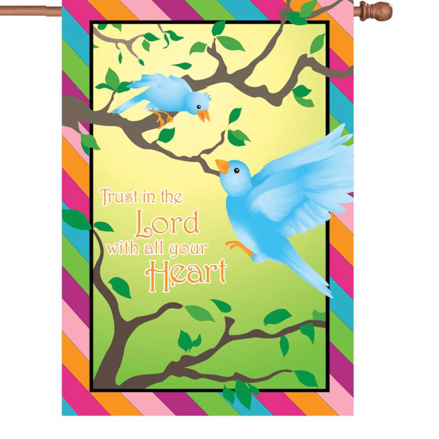 28 in. Trust In The Lord illuminated house flag with uplifting message displayed outdoors, enhancing garden decor beautifully at night.