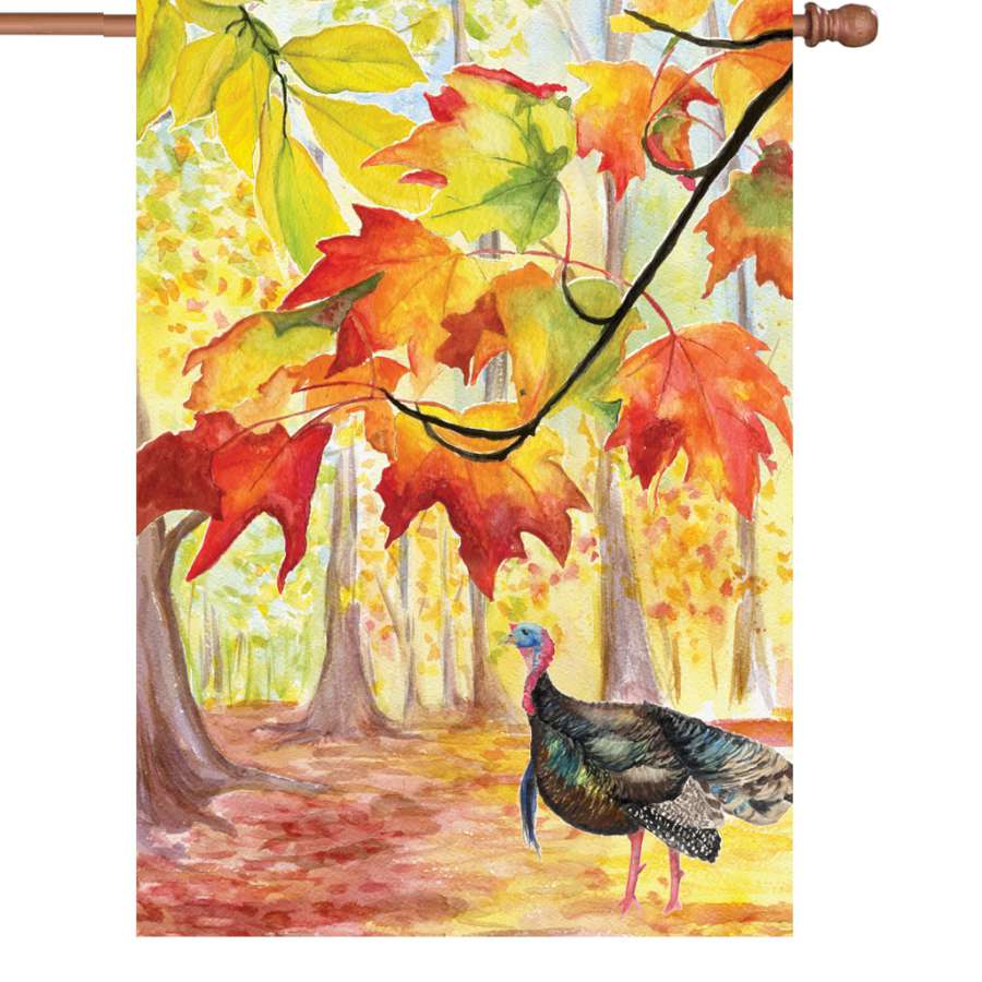 Turkey Hollow illuminated flag measuring 28 inches, featuring colorful turkey and autumn themes, displayed outdoors on a flagpole.