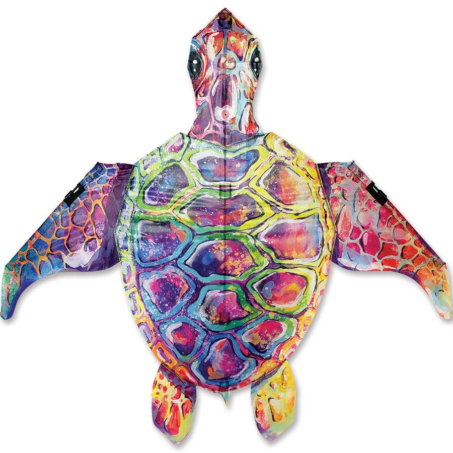 Colorful Turtle Kite in rainbow design, measuring 36x45 inches, soaring high against a blue sky during outdoor fun.