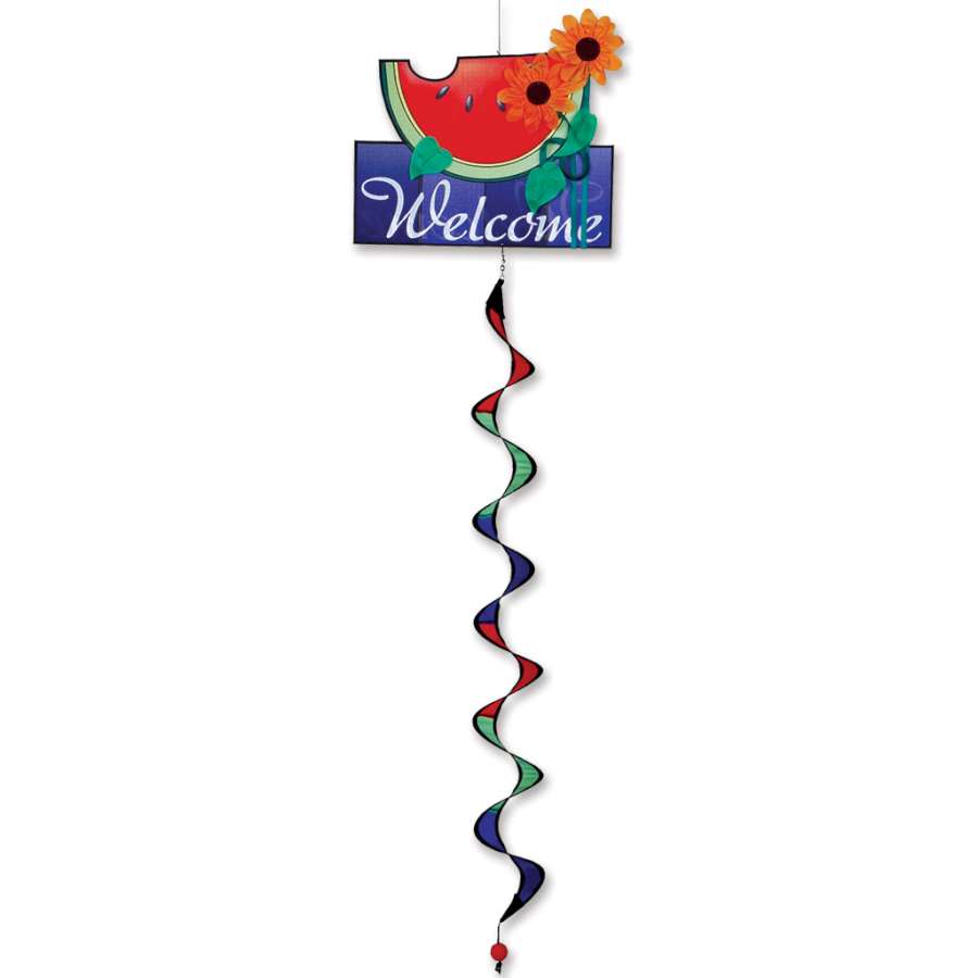 Twister - Watermelon Welcome garden flag with vibrant watermelon design displayed outdoors in a sunny garden setting, inviting guests warmly.