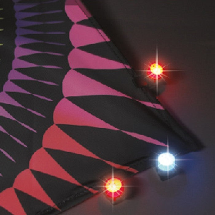 Five UFO Red/Blue LED Mini Lights with clip-on design, illuminating accessories for kites and outdoor gear in a night setting.