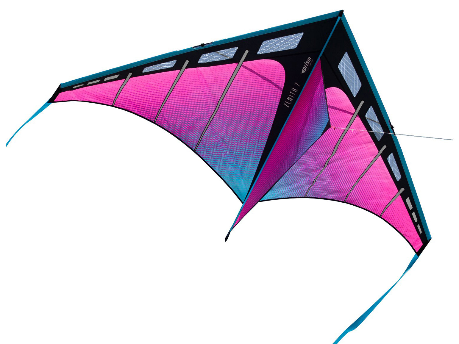 large delta kite with 7 foot wingspan flying in open sky with ribbon tails and strong pull for lifting accessories
