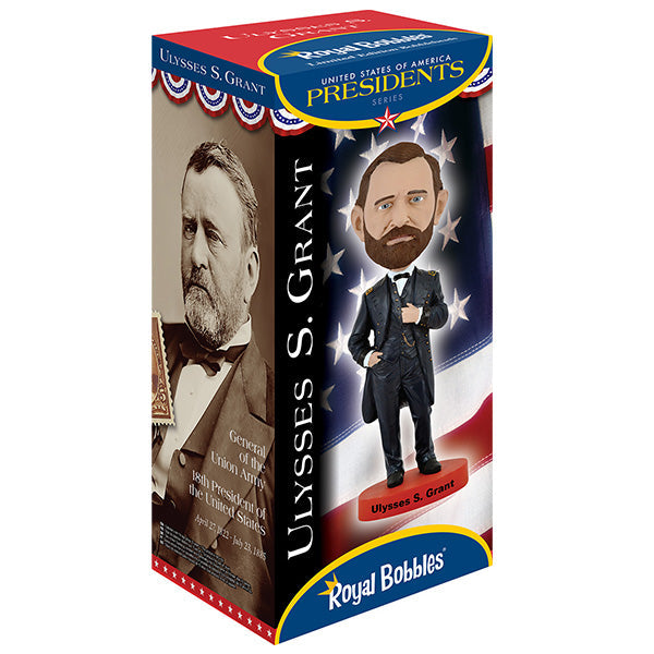 Ulysses S. Grant bobblehead featuring detailed craftsmanship and realistic likeness, standing approximately 7 inches tall on a display shelf.