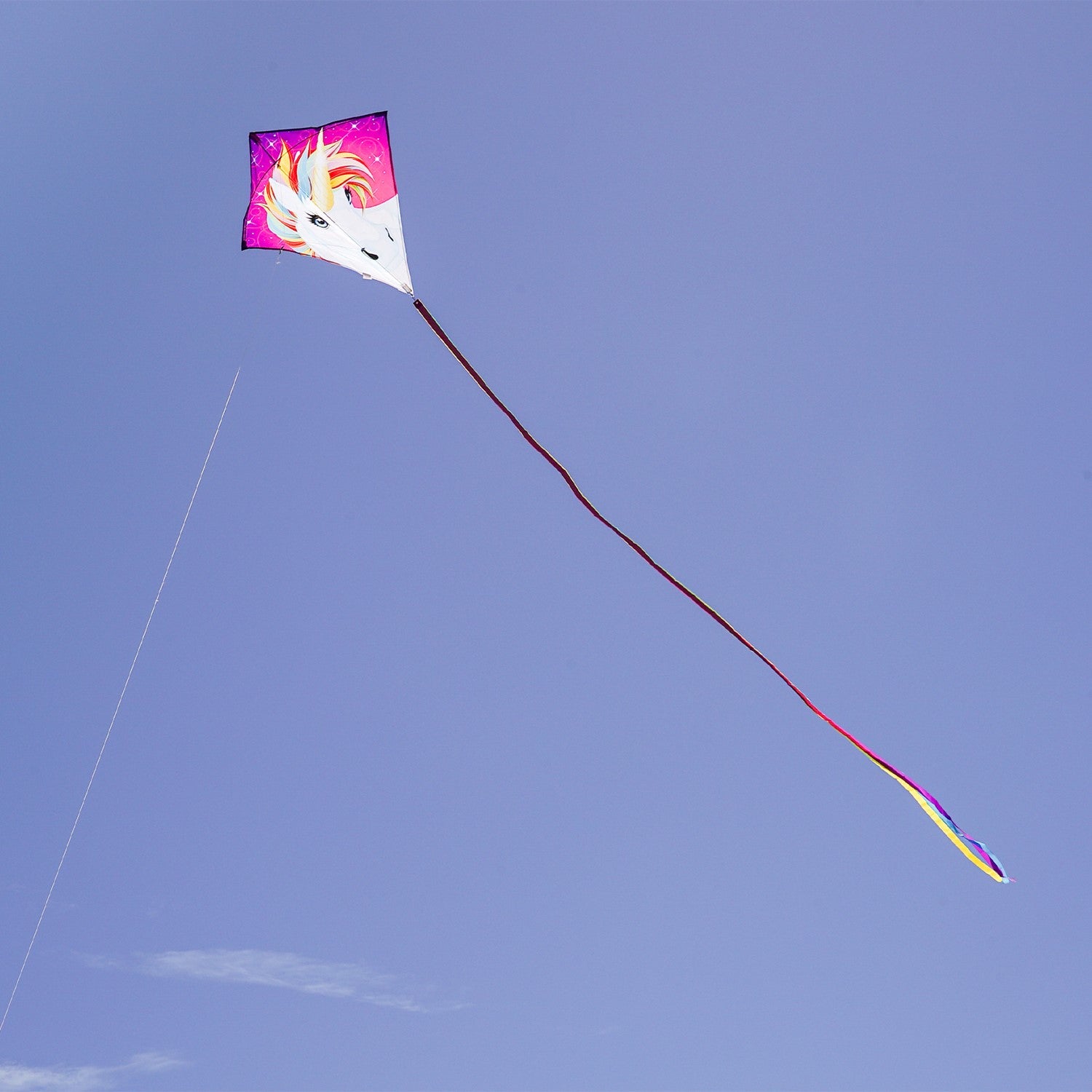 The Unicorn 30" Diamond Kite features a stunning and colorful unicorn design, made from weather-resistant ripstop fabric, perfect for outdoor flying adventures.