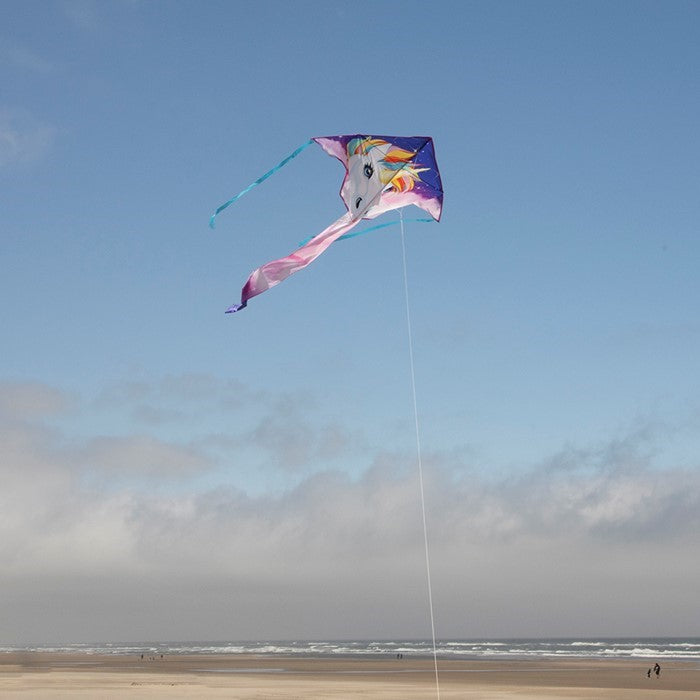 The Unicorn 45" Fly-Hi Kite features a colorful, fantasy-themed design that captivates as it soars, perfect for outdoor flying adventures with family.