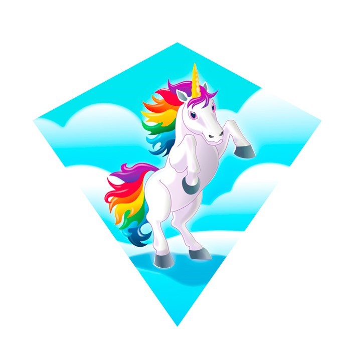 Unicorn MiniDiamond single line kite with colorful unicorn design, made of durable nylon fabric and a fiberglass frame, ideal for outdoor flying fun.